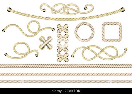 Set of nautical ropes. Twisted and crossed ropes isolated on white. Vector illustration. Stock Vector