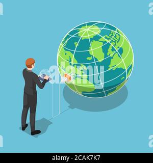 Flat 3d isometric business with tablet that connecting to the world. Global network connection technology concept. Stock Vector