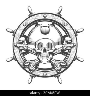 Pirate Skull with crossed bines and ship wheel tattoo. Vector illustration. Stock Vector