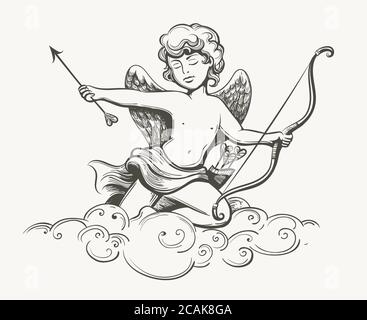 Cupid holds arrow of love and Bow sitting on a cloud. Tattoo drawn in vintage style. Vector illustration. Stock Vector