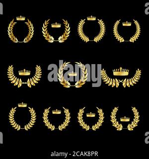 Set of gold award laurel wreaths with royal crown and branches on a dark background, vector illustration for foliate, wheat and olive wreaths depicting Stock Vector