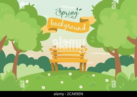 Spring background, park landscape background. Park bench among trees and bushes. vector illustration Stock Vector