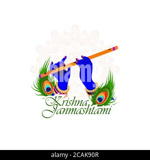 Vector Illustration of Shri Krishna Janmashtami means Birthday of Lord Krishna. Musical instrument bansuri and peacock feather. Stock Vector