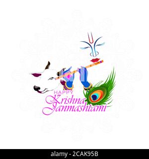 Vector Illustration of Shri Krishna Janmashtami means Birthday of Lord Krishna. Musical instrument bansuri and peacock feather. Stock Vector