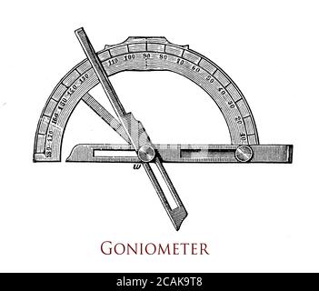 Goniometer, basically a protractor with two arms, is an instrument for measuring an angle or to rotated an object to a precise angular position. Known  since the 16th century,  used in crystallography,geodesy, positioning and medicine Stock Photo