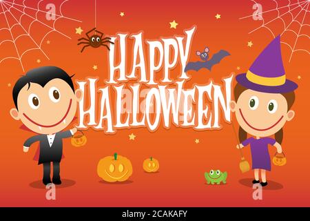 Children on halloween costumes. Kids dressed as vampire and witch. Cartoon vector illustration card. Stock Vector