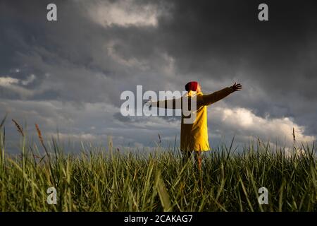 Male in yellow raincoat and red hat with spreading hands wide open standing on the field in rainy weather, looks at dramatic cloudy sky. Autumn season Stock Photo
