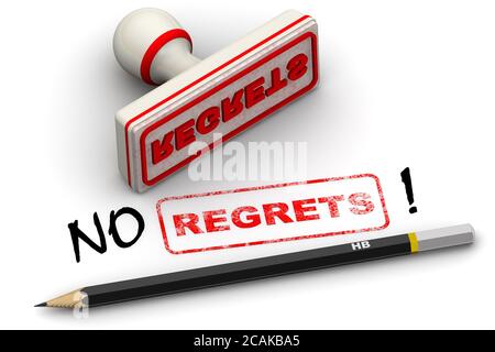 No regrets! Corrected seal impression. White seal and red imprint REGRETS corrected to NO REGRETS! on white surface. 3D illustration Stock Photo