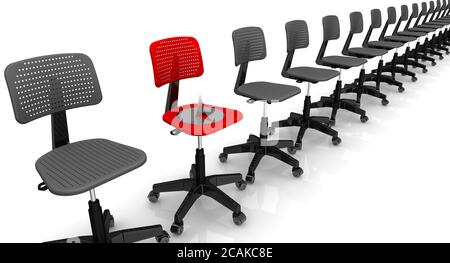 Dangerous vacancy. Empty black office chairs on a white surface lined up in row and large and sharp thumbtack lying on one red office chair. Stock Photo