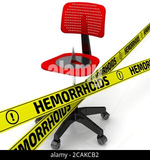 Caution - hemorrhoids! A large and sharp thumbtack lying on an office chair and yellow tapes with text HEMORRHOIDS. 3D illustration Stock Photo