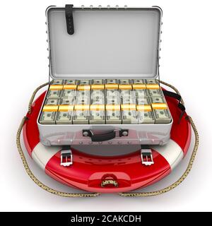 Financial security. Open suitcase filled with packs of the US dollars lying on the lifeline. The concept of financial security. 3D illustration Stock Photo
