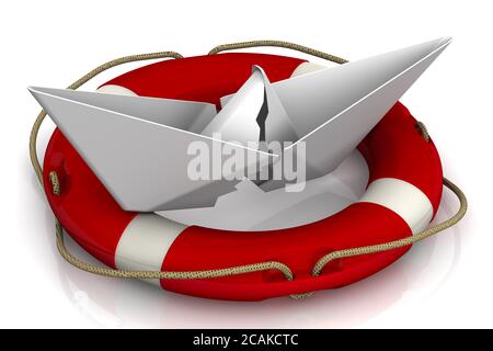 Torn paper boat in the lifebuoy on a white surface. 3D illustration Stock Photo