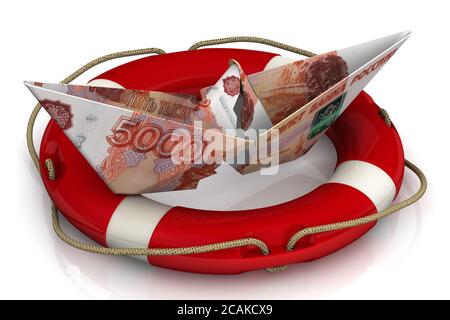 Saving the Russian economy. Torn paper boat made from Russian banknote (ruble) in the lifebuoy on a white surface. 3D illustration Stock Photo