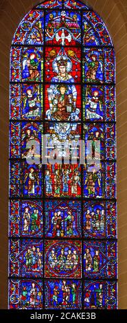 Notre-Dame de la Belle-Verrière , Stained glass window in Cathedral of Our Lady of Chartres, Chartres, France Stock Photo