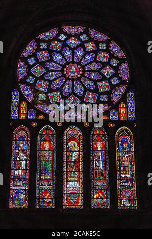 North transept rose window. Rose stained glass window in Cathedral of Our Lady of Chartres, Chartres, France Stock Photo