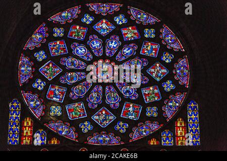 North transept rose window. Rose stained glass window in Cathedral of Our Lady of Chartres, Chartres, France Stock Photo