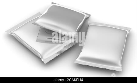 Flexible consumer packaging. A lot of sealed packages from a polymeric film. Model of consumer packaging. 3D Illustration Stock Photo
