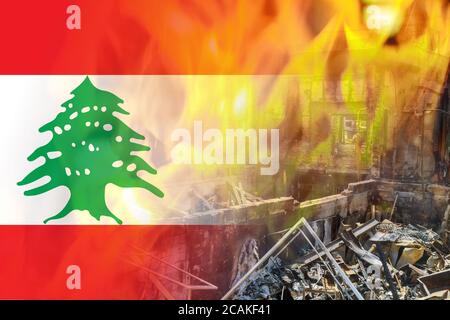 Beirut destruction after in the tragic explosion happened in Port of Beirut on National flag of Lebanon Stock Photo