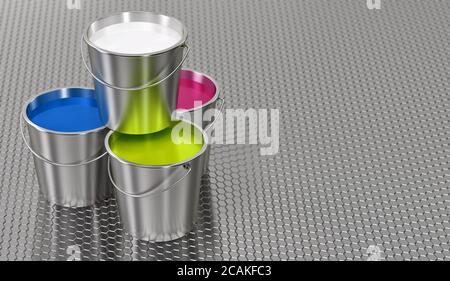 Many Buckets filled with colorful paint - 3D Rendering Stock Photo