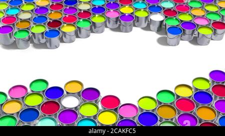 Many Buckets filled with colorful paint - 3D Rendering Stock Photo