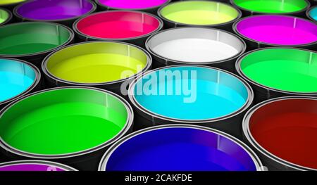 Many Buckets filled with colorful paint - 3D Rendering Stock Photo