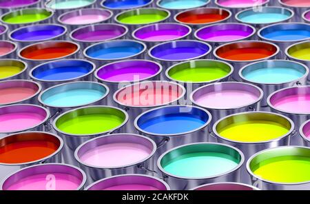 Many Buckets filled with colorful paint - 3D Rendering Stock Photo