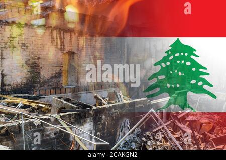 Beirut destruction after in the tragic explosion happened in Port of Beirut on National flag of Lebanon Stock Photo