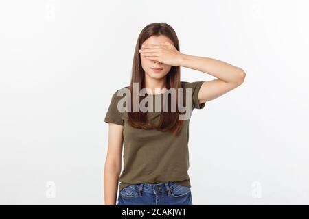 Close up photo beautiful lady arms hands raised hiding amazed full fear eyes facial expression scary movie hate thrillers. Stock Photo