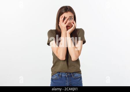 Close up photo beautiful lady arms hands raised hiding amazed full fear eyes facial expression scary movie hate thrillers. Stock Photo