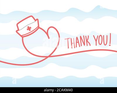 Simple vector Thank You appreciation card to the healthcare workers and nurses, a red line forming a heart shape and a nurse's cap. Stock Vector