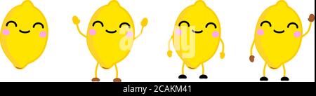 Cute kawaii style lemon fruit, eyes closed, smiling. Version with hands raised, down and waving. Stock Vector