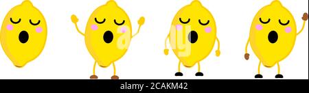 Cute kawaii style lemon fruit, eyes closed, mouth opened. Version with hands raised, down and waving. Stock Vector