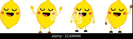 Cute kawaii style lemon fruit icon, eyes closed, smiling with opened mouth. Version with hands raised, down and waving. Stock Vector