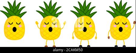 Cute kawaii style Pineapple fruit icon, eyes closed, mouth opened. Version with hands raised, down and waving. Stock Vector