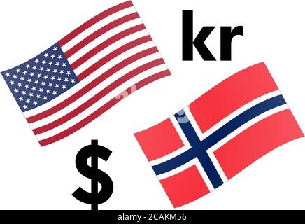 USDNOK forex currency pair vector illustration. American and Norwegian flag, with Dollar and Krone symbol. Stock Vector