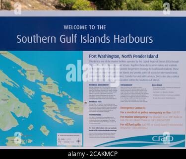 Southern Gulf Islands Harbours sign at Port Washington, North Pender Island, British Columbia, Canada Stock Photo