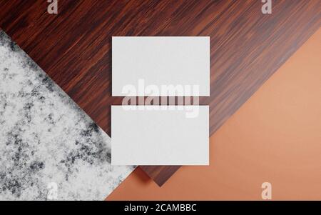 Mockup Two Side Business Card Top view at wood and marble textures background Stock Photo