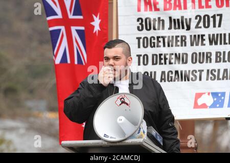 Toby Cook speaks at the ‘Keep Islam Out of Lithgow Public Information Session’ at Queen Elizabeth Park, Lithgow. Stock Photo