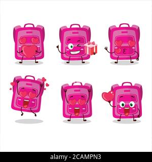 Pink school bag cartoon character with love cute emoticon Stock Vector