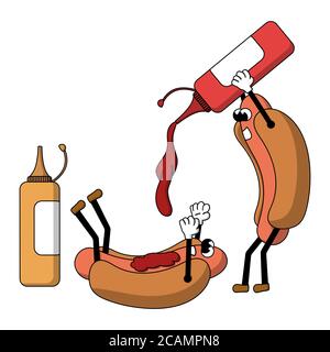 two cartoon funny hot dogs with ketchup and mustard. white background isolated vector illustration Stock Vector