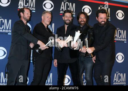 LAS VEGAS - APR 7:  Trevor Rosen, Brad Tursi, Matthew Ramsey, Geoff Sprung, Whit Sellers, Old Dominion at the 54th Academy of Country Music Awards at the MGM Grand Garden Arena on April 7, 2019 in Las Vegas, NV Stock Photo