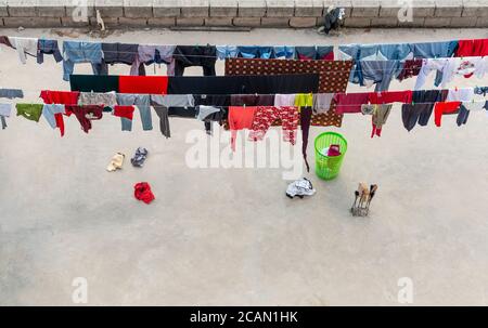 Clothes drying on a line on a balcony, Quito, Ecuador. Stock Photo
