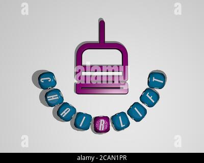 chairlift text around the 3D icon - 3D illustration for ski and cable Stock Photo