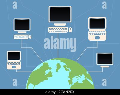 Vector flat illustration planet earth and connected computers.Internet. World connections Stock Vector