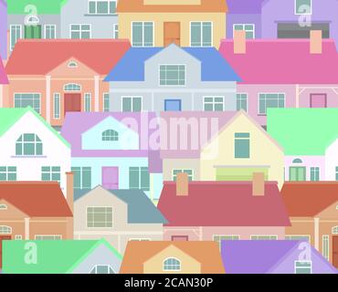 Seamless texture with flat countryside houses. Background for packaging, postcards, and your design Stock Vector