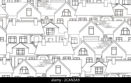 Seamless texture with contour country houses. Vector background for your creativit Stock Vector