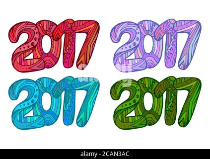 Set of multicolored Doodle numbers 2017 with boho pattern. Vector element for your creativity Stock Vector