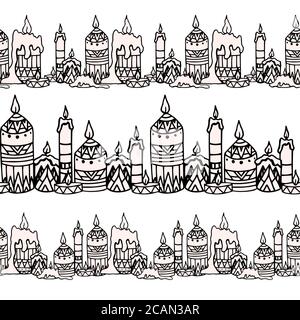 Seamless doodle border with candle and boho pattern. Vector element for frames, postcards and your creativity Stock Vector
