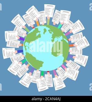Vector flat illustration with planet earth and human hands with ballots. Democratic elections Stock Vector