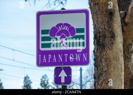 Japantown sign advertise direction to authentic, historic residential, commercial, and cultural district - San Jose, California, USA - 2020 Stock Photo